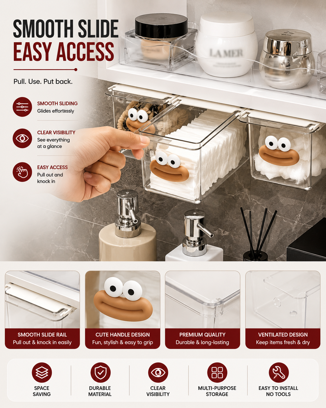 Mirror Cabinet Drawer Storage Box (Pack of 3)